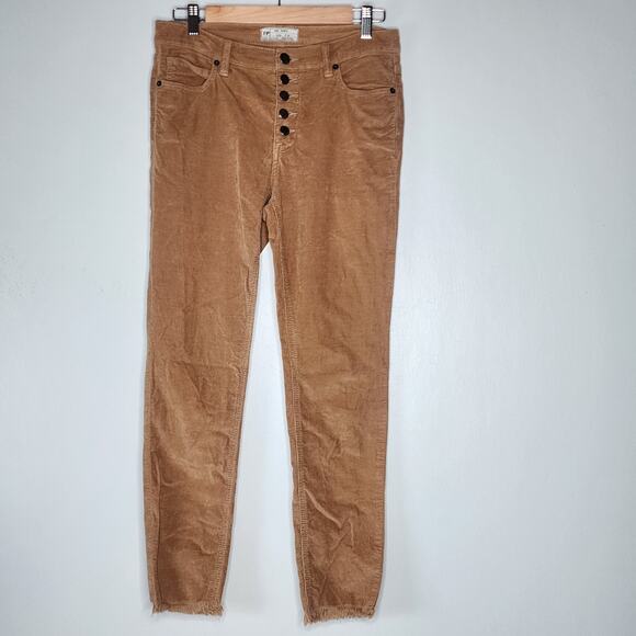 FINAL PRICE Free People Regan Button Fly Cords Tan Raw Hem Skinny Pants 27 - Picture 2 of 7